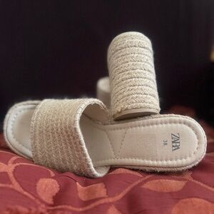 ZARA Beige Woven Mule Heels Size 38 | Chunky Heel Espadrille Style Sandals